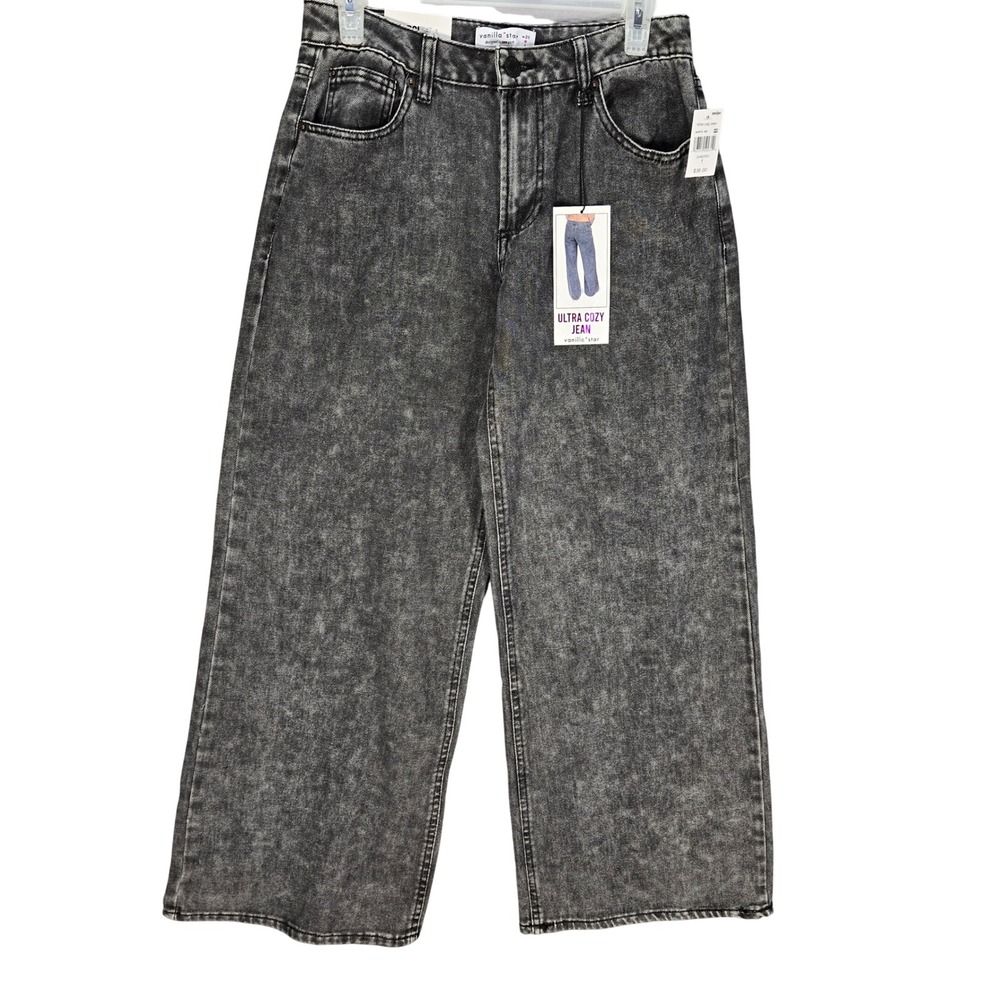 Vanilla Star Ultra Cozy Wide Leg Jeans Grey Acid Wash High Waisted Baggy Size 1